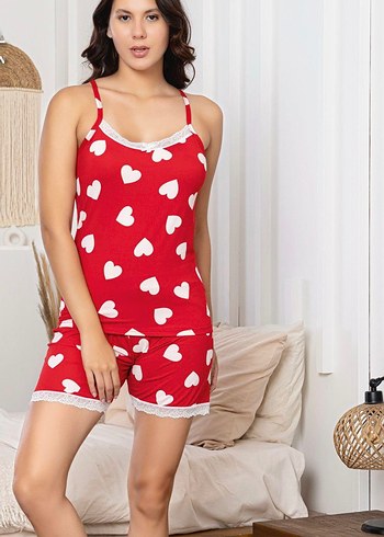 Diger Kırmızı Kalp Desenli Kolsuz Mini Pijama