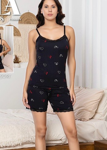 Siyah Nakışlı Kısa Kadın Pijama Takımı Şortlu