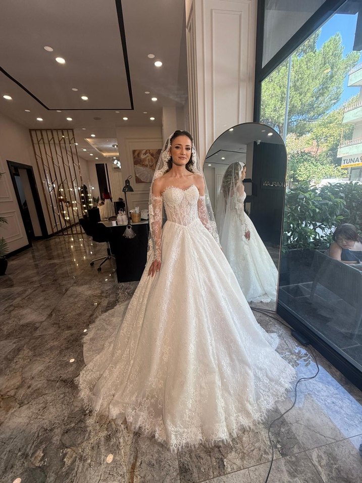 Uzun Kollu Straplez helen Gelinlik - Görsel 2