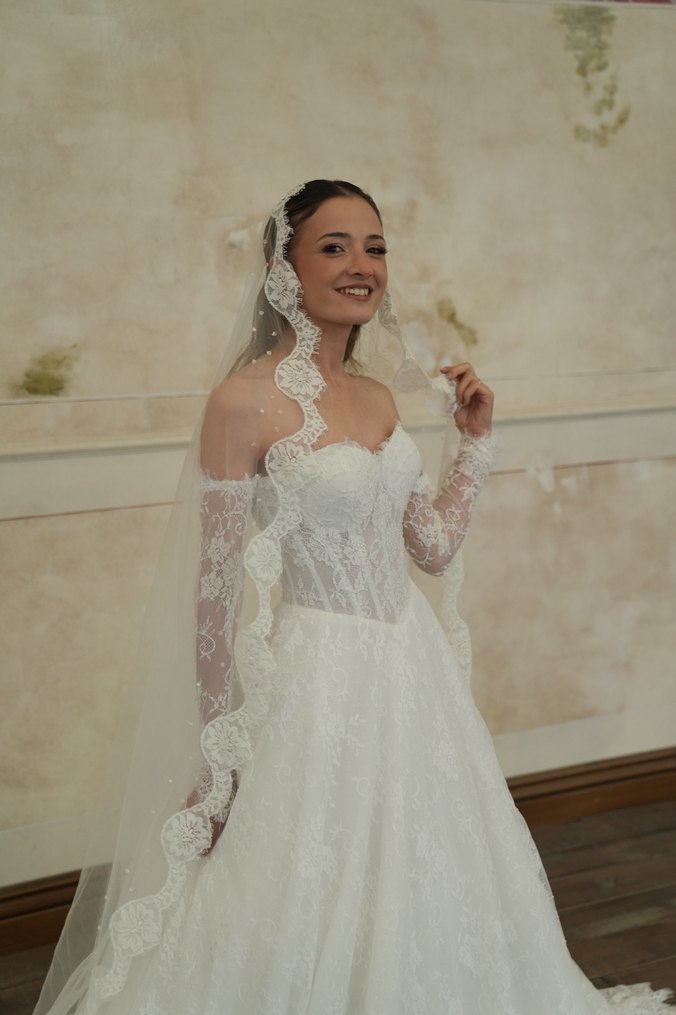 Uzun Kollu Straplez helen Gelinlik - Görsel 5