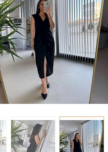 Siyah Drapeli V Yaka Uzun Kalem Elbise - Görsel 2