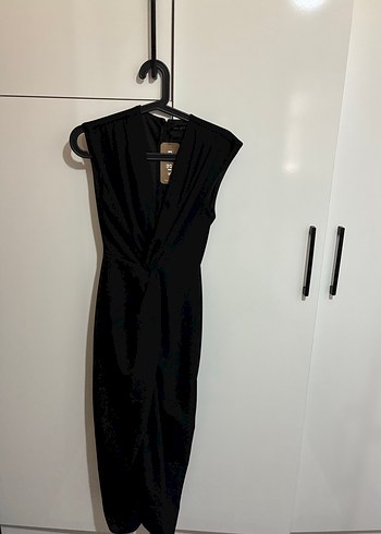 Siyah Drapeli V Yaka Uzun Kalem Elbise - Görsel 6