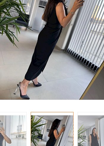 Siyah Drapeli V Yaka Uzun Kalem Elbise - Görsel 3