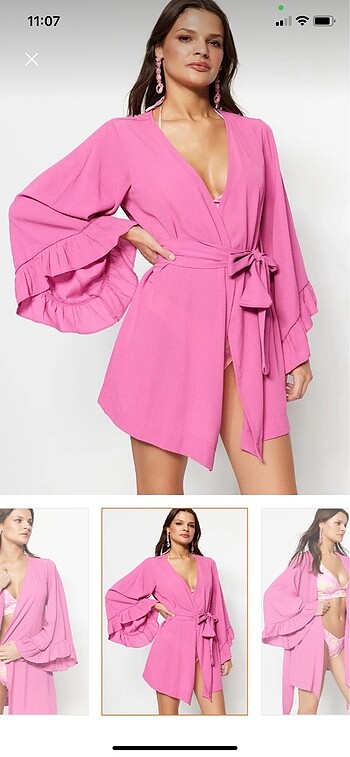 Trendyolmilla pembe kuşaklı dokuma volanlı mini plaj Kimono