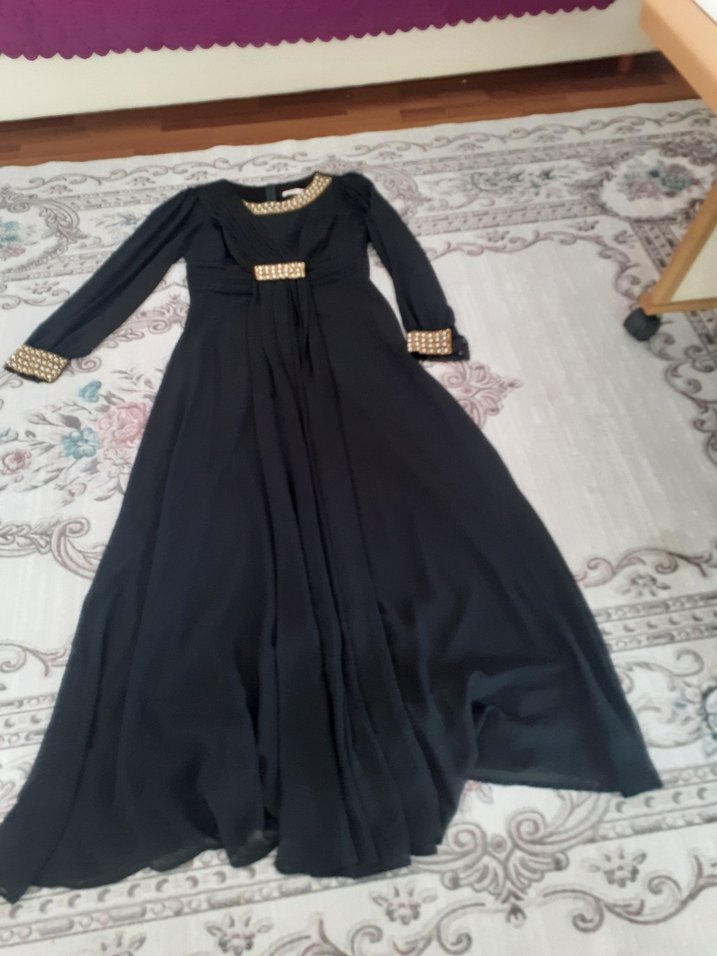 Siyah Uzun Kollu Drapeli Kadın Abiye Elbise - Görsel 2