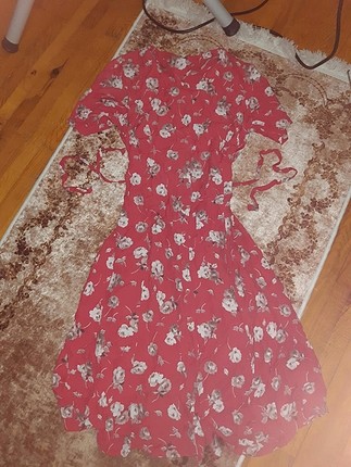 universal Beden kırmızı uzun çiçekli elbise 