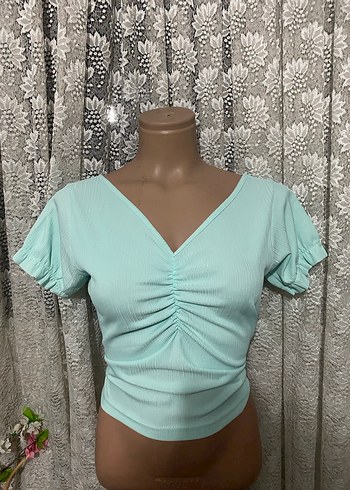 Turkuaz V Yaka Kısa Kollu Bluz - Görsel 2