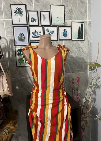 Çizgili Bağcıklı Bohem Kadın Elbise - Görsel 2