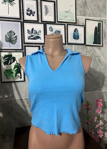 Mavi Denim V Yaka Kolsuz Mini Üst - Görsel 3