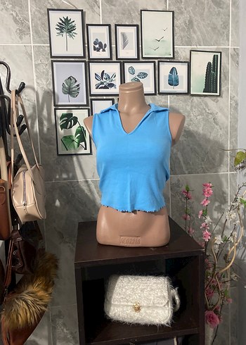 Mavi Denim V Yaka Kolsuz Mini Üst - Görsel 2