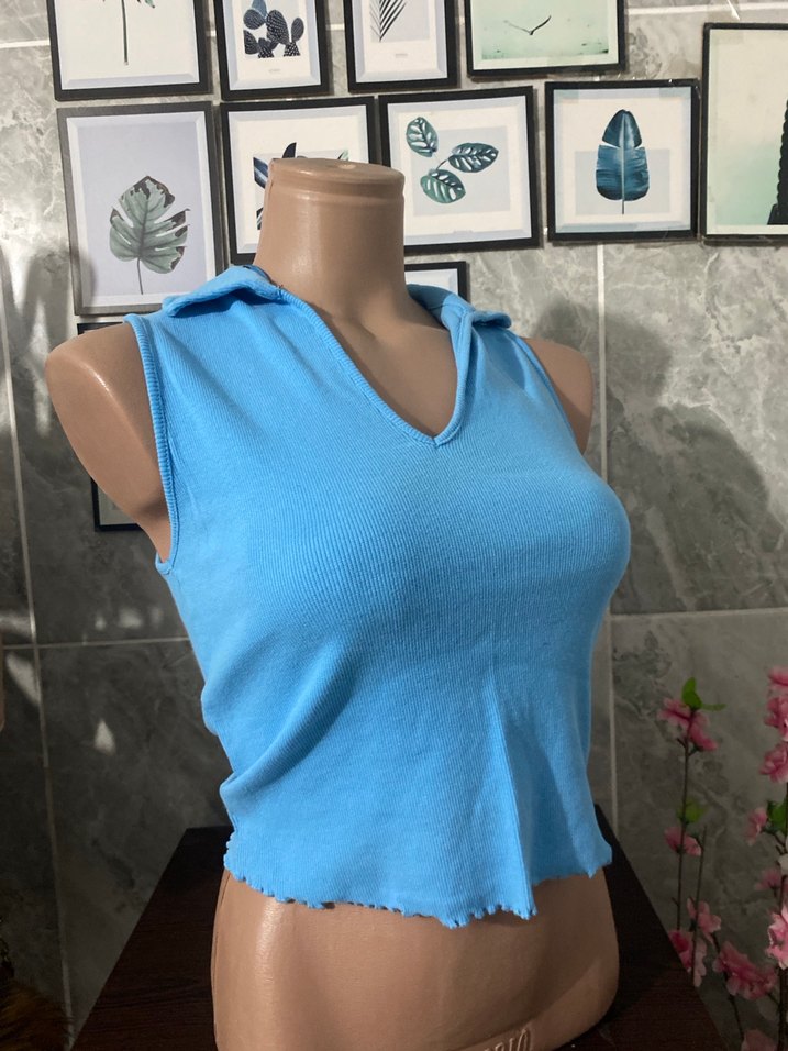 Mavi Denim V Yaka Kolsuz Mini Üst - Görsel 4