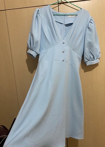 Mavi V Yaka Midi Kadın Elbise - Görsel 2