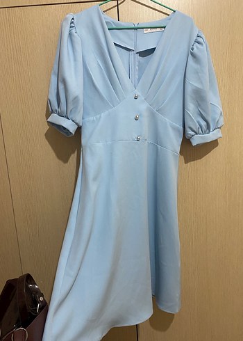 Mavi V Yaka Midi Kadın Elbise - Görsel 3