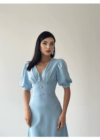 Mavi V Yaka Midi Kadın Elbise - Görsel 4