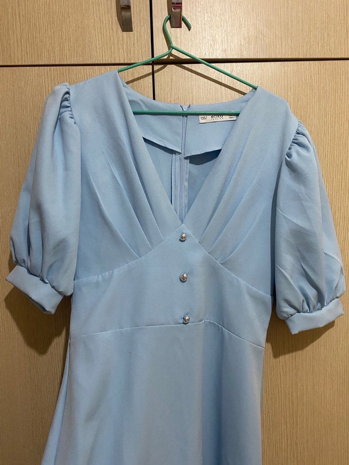 Mavi V Yaka Midi Kadın Elbise - Görsel 5