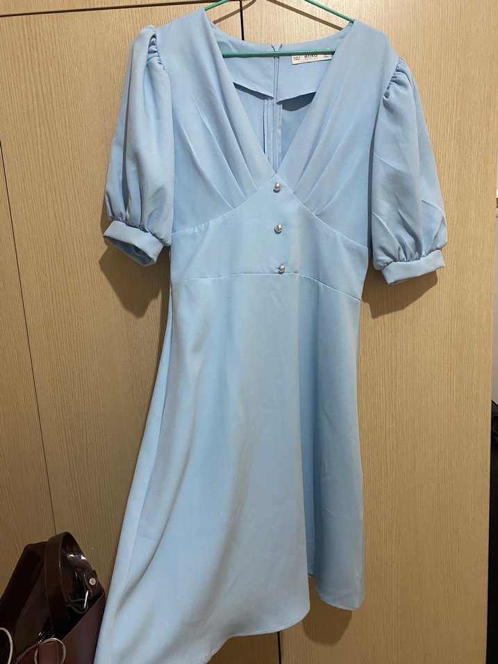 Mavi V Yaka Midi Kadın Elbise - Görsel 3