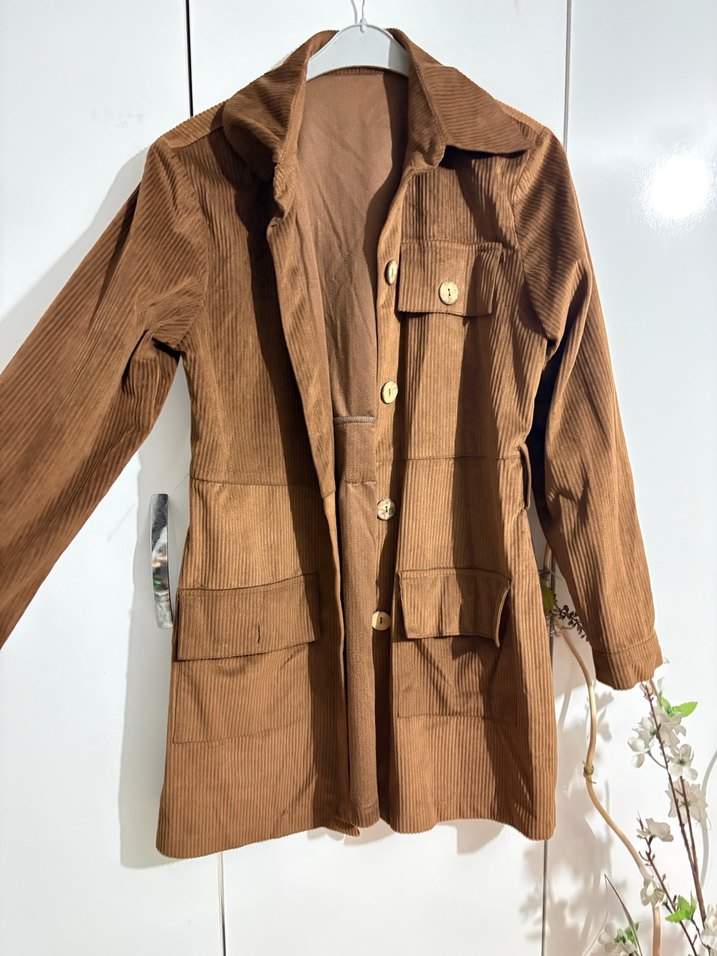 Düğmeli Kahverengi Kadife Kadın ceket - Görsel 2