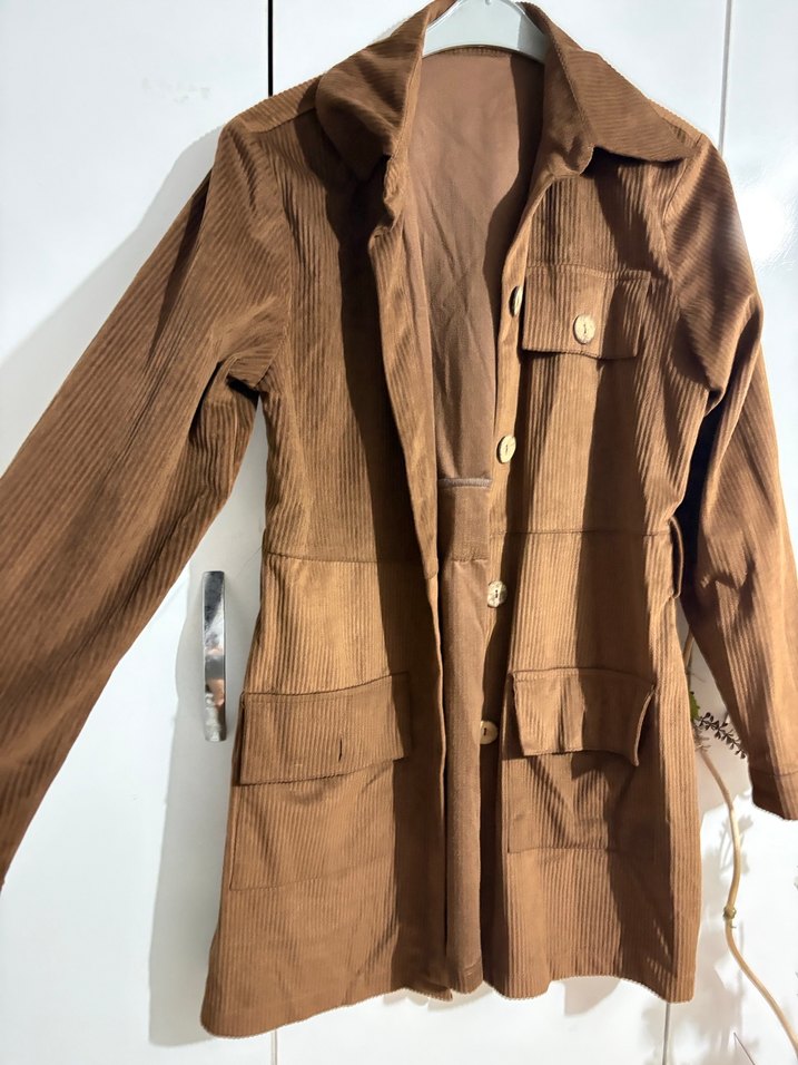 Düğmeli Kahverengi Kadife Kadın ceket - Görsel 3