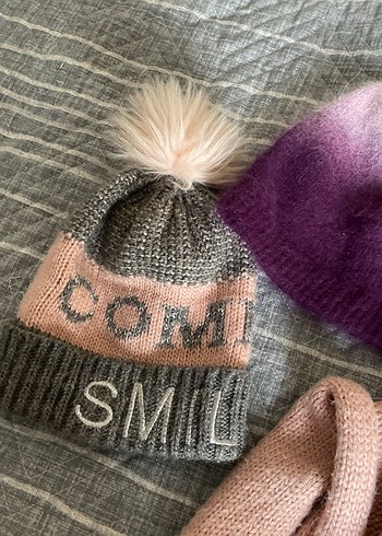 Pembe ve Mor Örgü Çocuk Bere ve Atkı Seti - Görsel 9