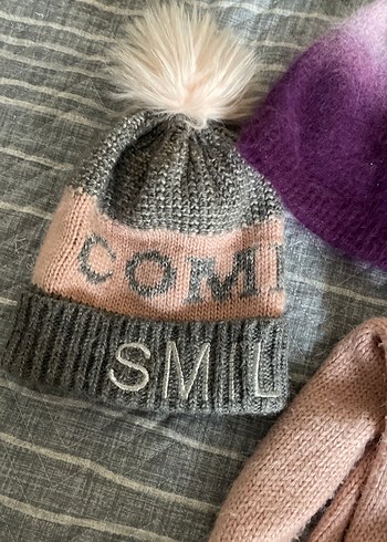 Pembe ve Mor Örgü Çocuk Bere ve Atkı Seti - Görsel 2