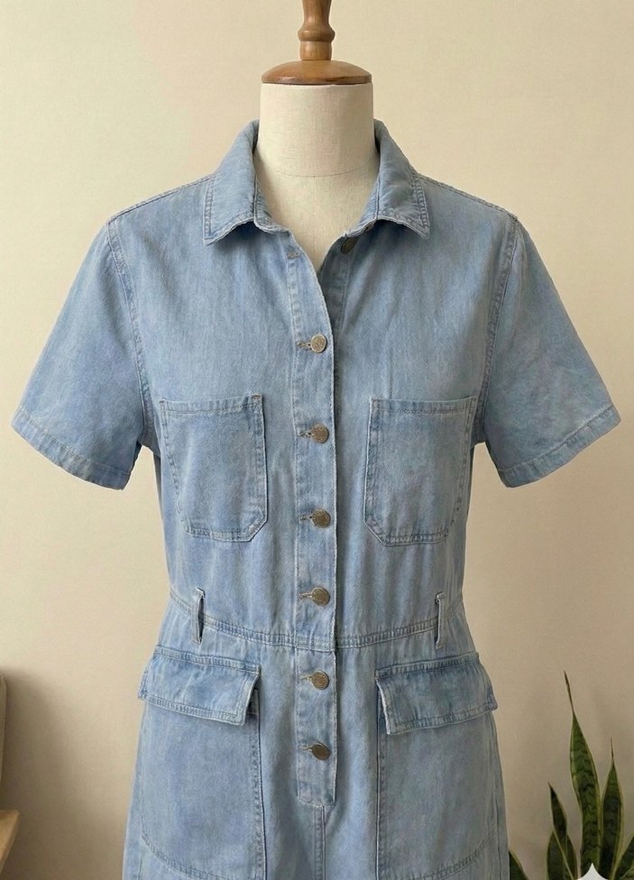 Düğmeli Mavi Denim Kadın Tulum - Görsel 2