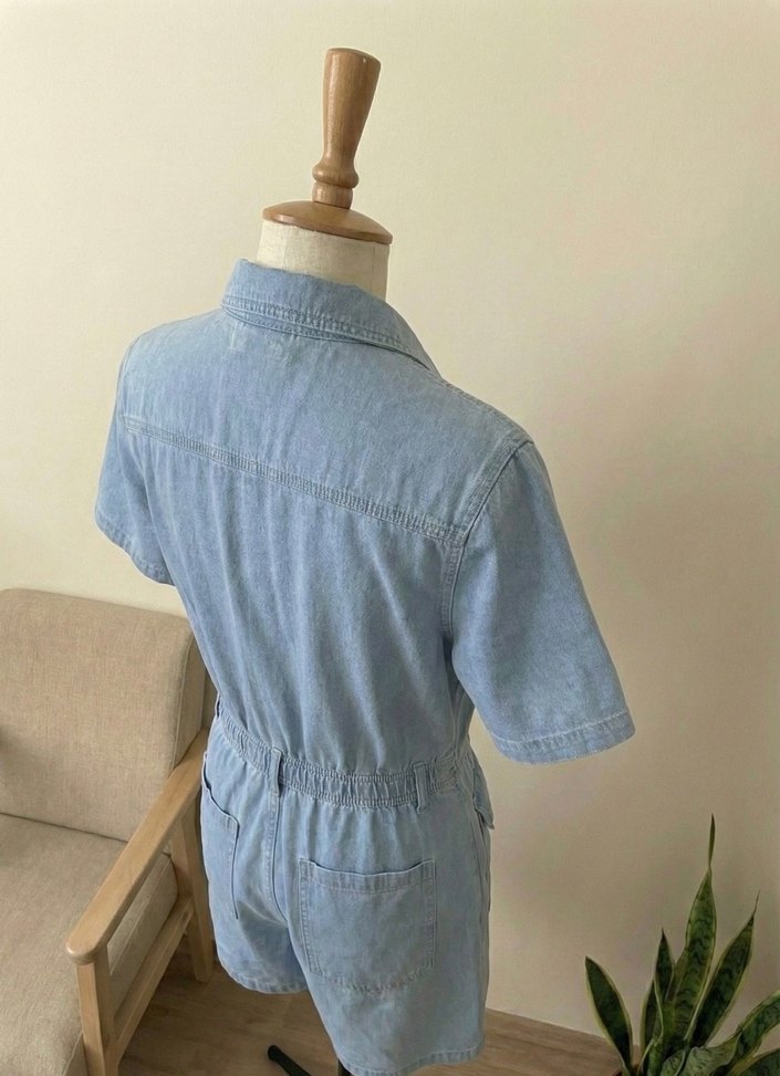 Düğmeli Mavi Denim Kadın Tulum - Görsel 4