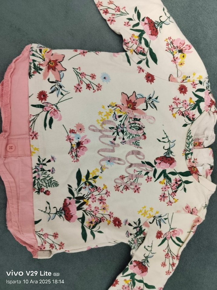 Kız Çocuk Pembe Çiçekli Fırfırlı Tişört - Görsel 2