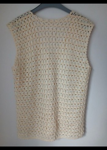 Bohem V Yaka Örgü Beyaz Kadın Yelek - Görsel 3