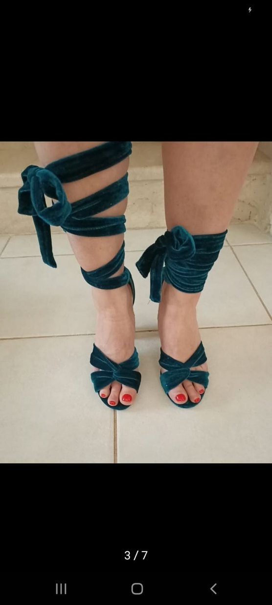 yeşil kadife bilekten bağlamalı Topuklu Kadın Ayakkabı - Görsel 2