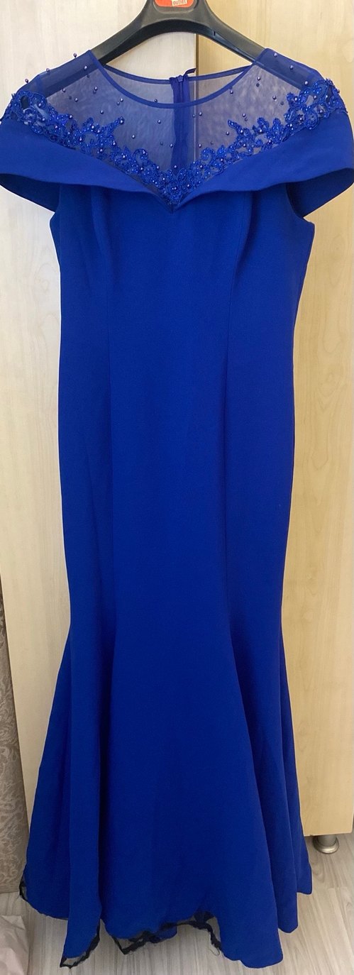 Mavi İşlemeli V Yaka Uzun Elbise - Görsel 3