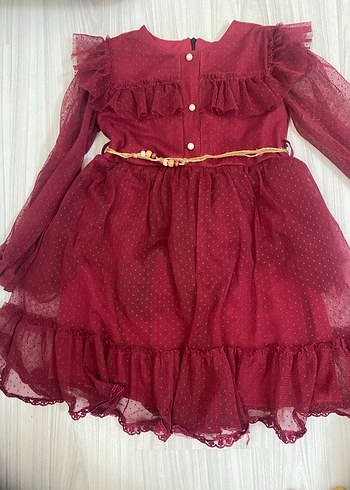 Bordo Kız Çocuk Fırfırlı Elbise - Görsel 2