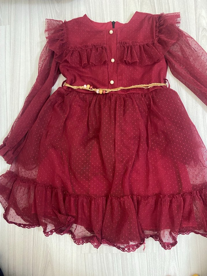 Bordo Kız Çocuk Fırfırlı Elbise - Görsel 2