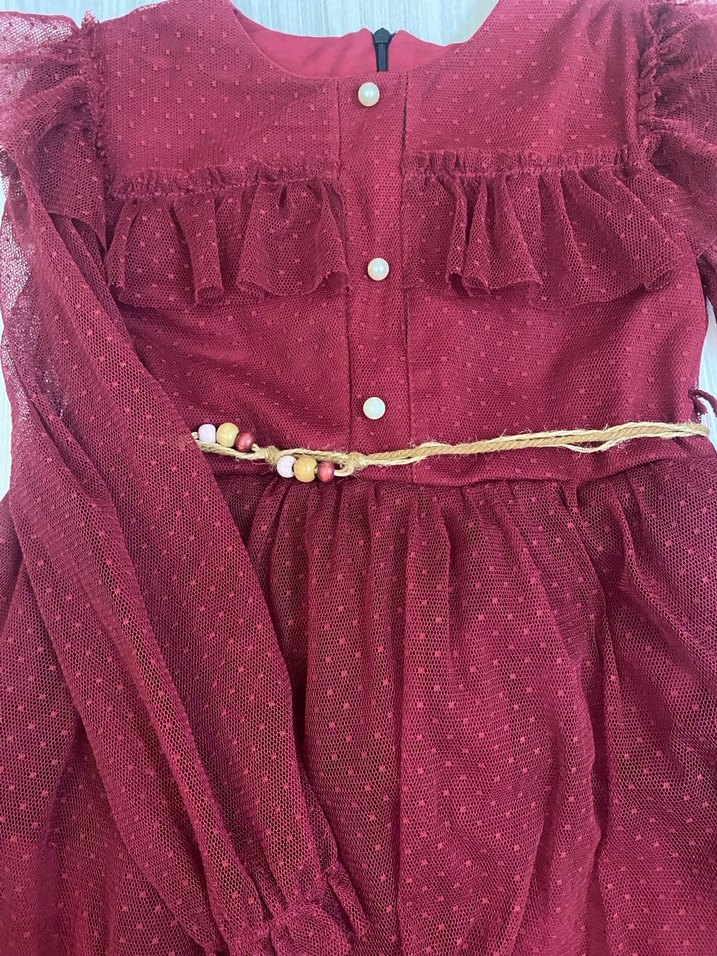Bordo Kız Çocuk Fırfırlı Elbise - Görsel 3