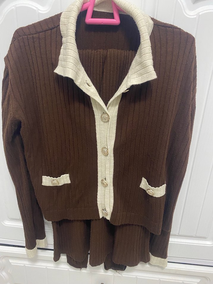 Kahverengi V Yaka Uzun Kollu Triko Kadın Elbise - Görsel 2