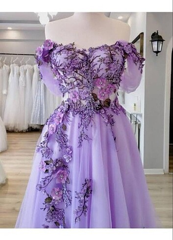 Lenta moda lila mor çiçekli nişanlık abiye 