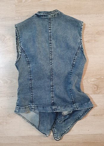 Kadın Kemerli Mavi Kot Biker Yelek - Görsel 3