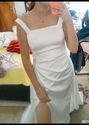 Abiye Parlak Beyaz Straplez Uzun nikah nisan elbisezi