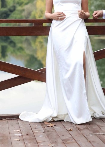 Parlak Beyaz Straplez Uzun nikah nisan elbisezi