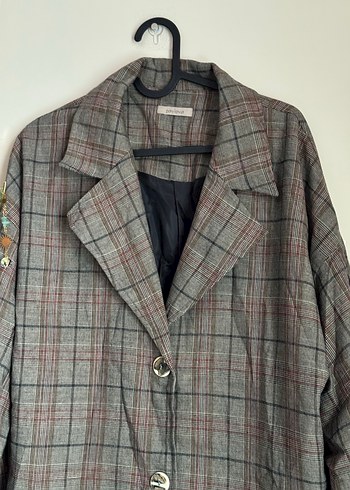 Vintage Düğmeli Gri Ekoseli Kadın Uzun ceket - Görsel 2