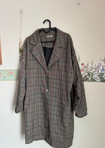 Vintage Düğmeli Gri Ekoseli Kadın Uzun ceket - Görsel 7