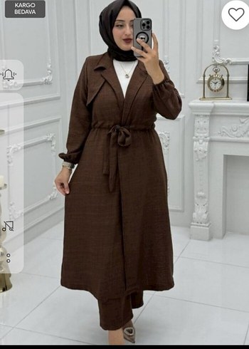 Kahverengi Kuşaklı Uzun Keten Kadın takim - Görsel 2