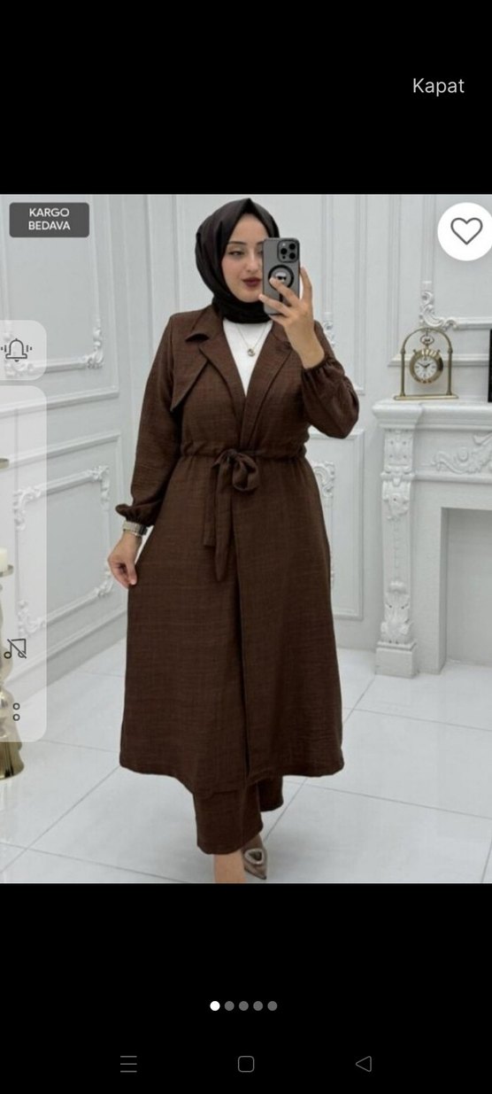 Kahverengi Kuşaklı Uzun Keten Kadın takim - Görsel 2