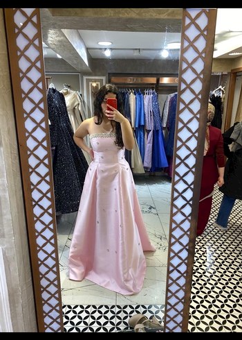 pudra Pembe Drapeli Straplez Uzun Abiye Elbise - Görsel 6