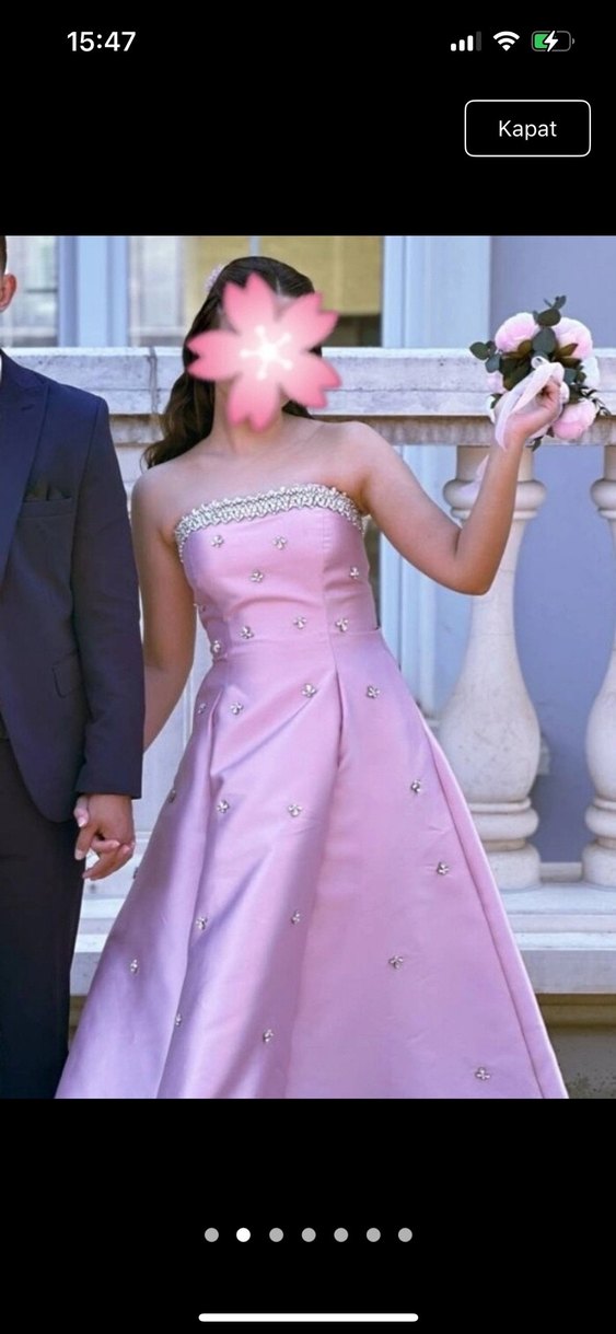 pudra Pembe Drapeli Straplez Uzun Abiye Elbise - Görsel 4