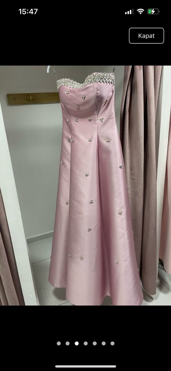 pudra Pembe Drapeli Straplez Uzun Abiye Elbise - Görsel 3