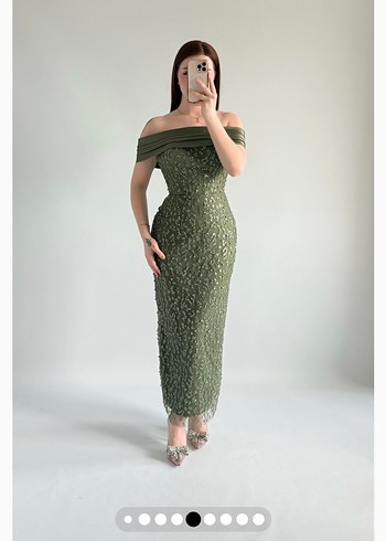 Kadın Haki Dantel Uzun Abiye Elbise - Görsel 4