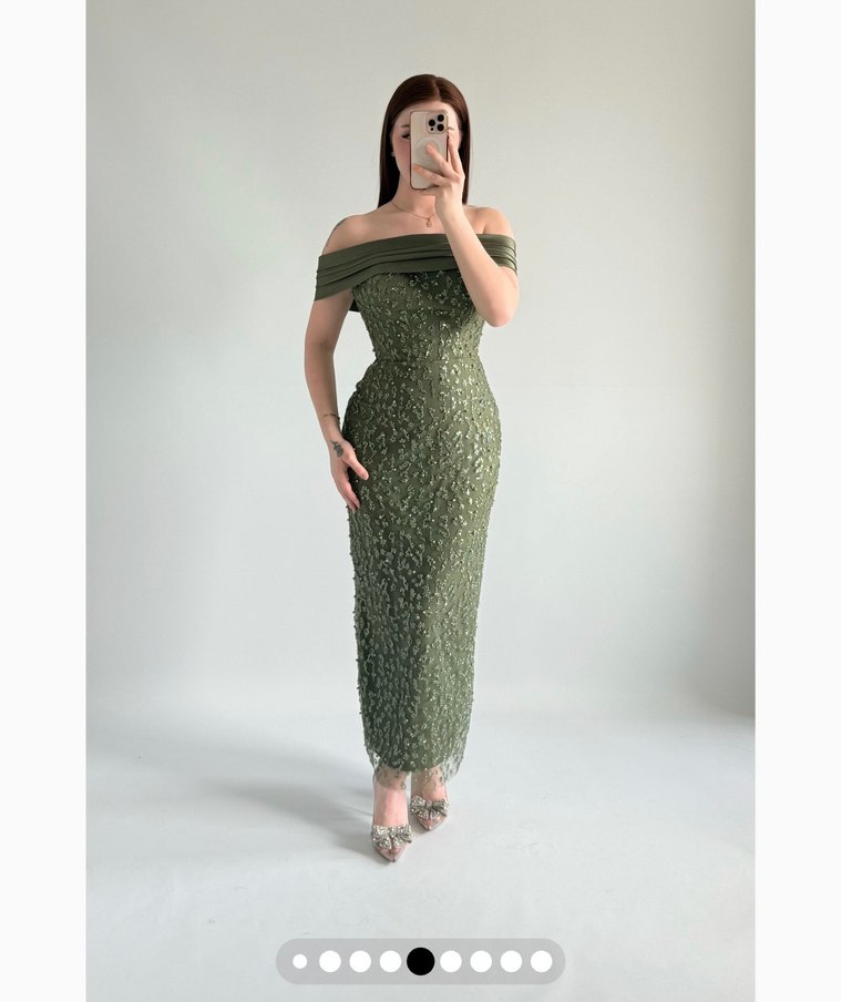 Kadın Haki Dantel Uzun Abiye Elbise - Görsel 4