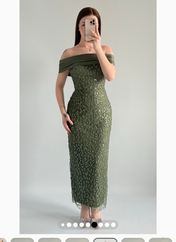 Kadın Haki Dantel Uzun Abiye Elbise - Görsel 3