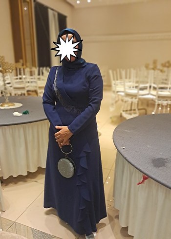 Abiye Lacivert Drapeli Uzun Abiye Elbise