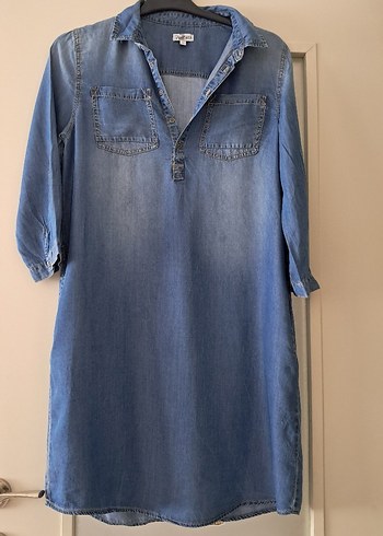 Mavi Kısa Kollu Denim Midi Elbise